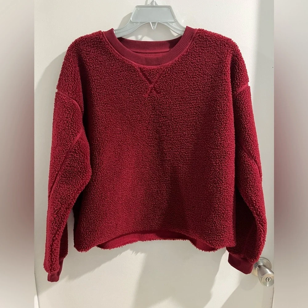 American Eagle Outfitters Burgundy Sherpa Fleece Pullover, OVERSIZED XS - Picture 6 of 7